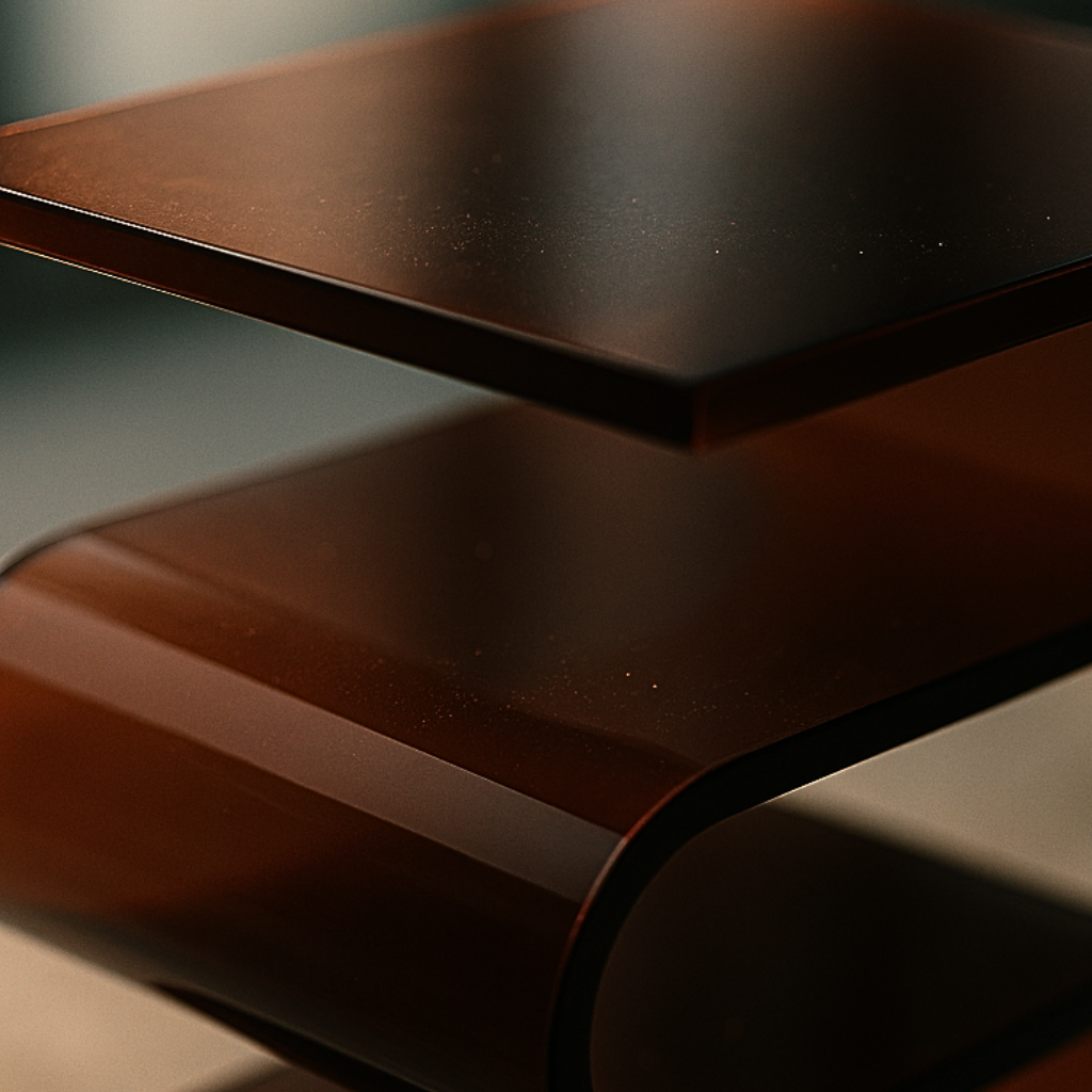 Close-up of a dark brown acrylic s-shaped coffee table with a blurred background