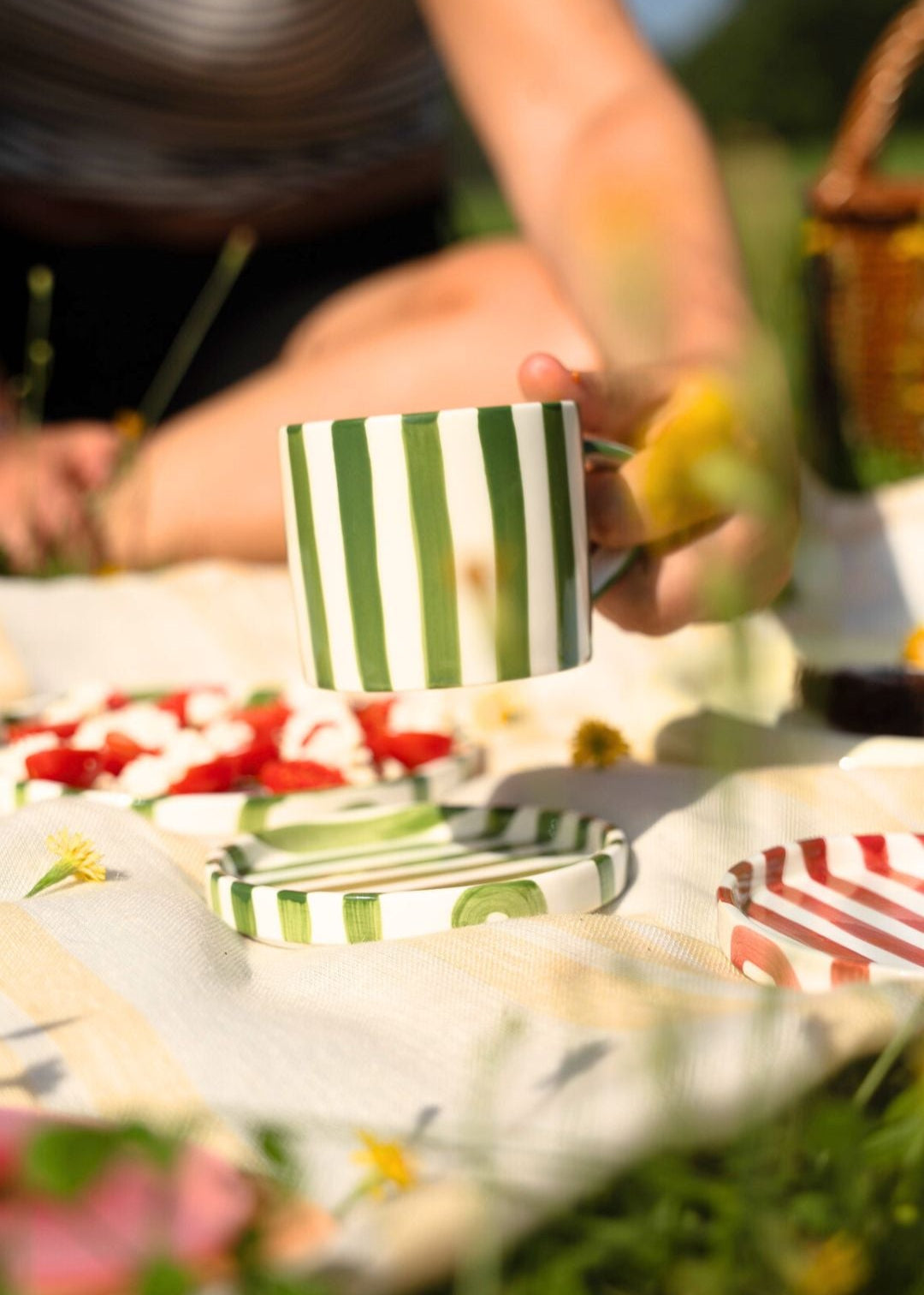 Picnic in the grass with a round Artisan Ceramic Plate (Small) and cup with green and white striped pattern on a beige background