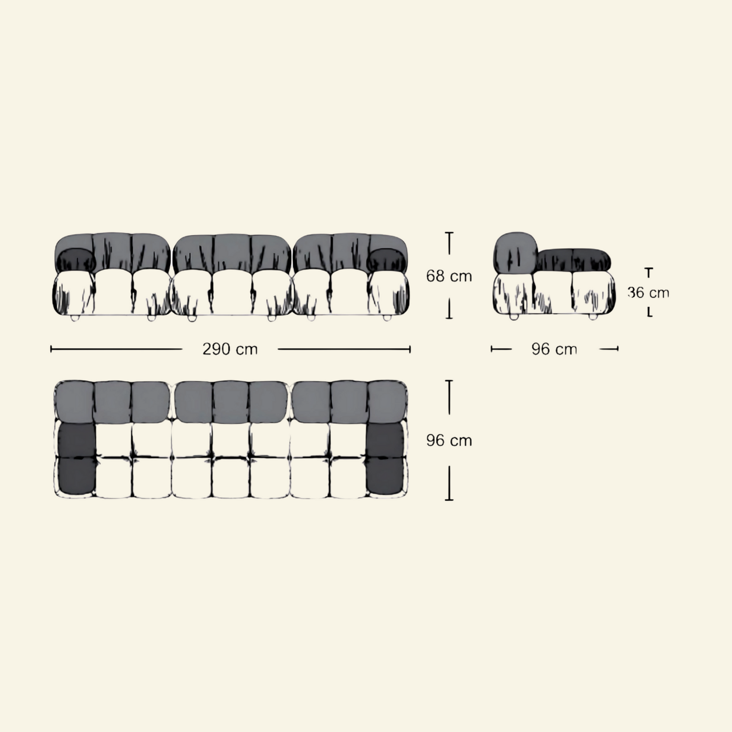 Camaleonda 3 Seater dupe Sofa in grey - measuremets