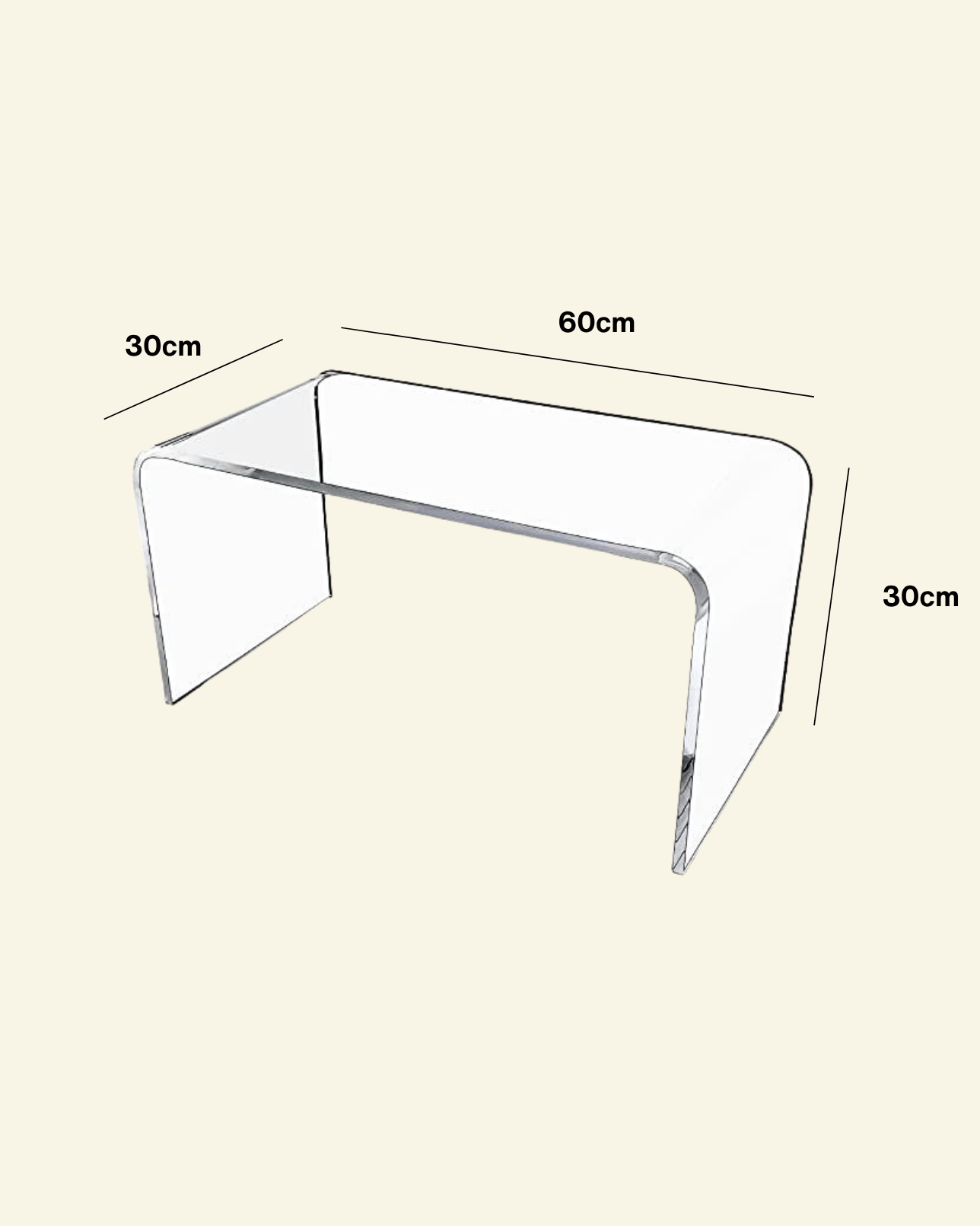 Clear acrylic C-side table bench with dimensions labeled on a beige background