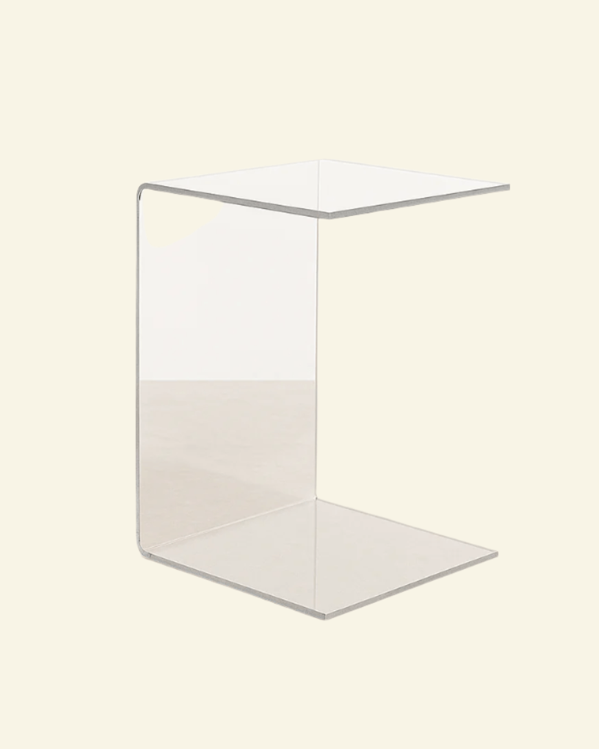 Clear acrylic minimalist C-table with seamless modern design – space-saving side table for contemporary home decor.