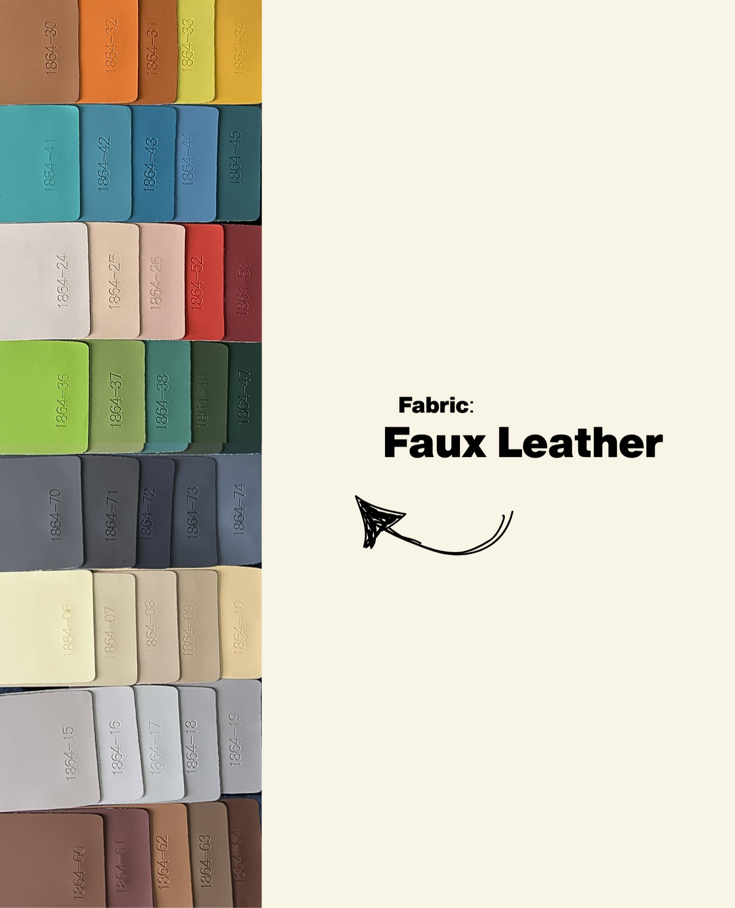 Color swatches of faux leather in various colors with &