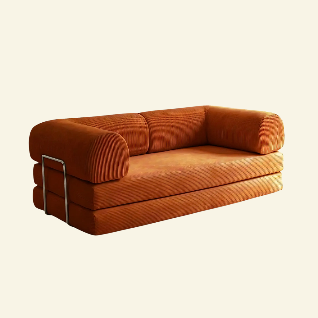 Orange modulär teddysoffa replika på en beige bakgrund
