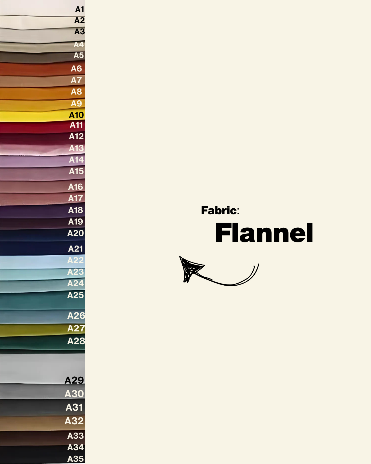 Color swatches of flannel fabric with labeled colors on a white background