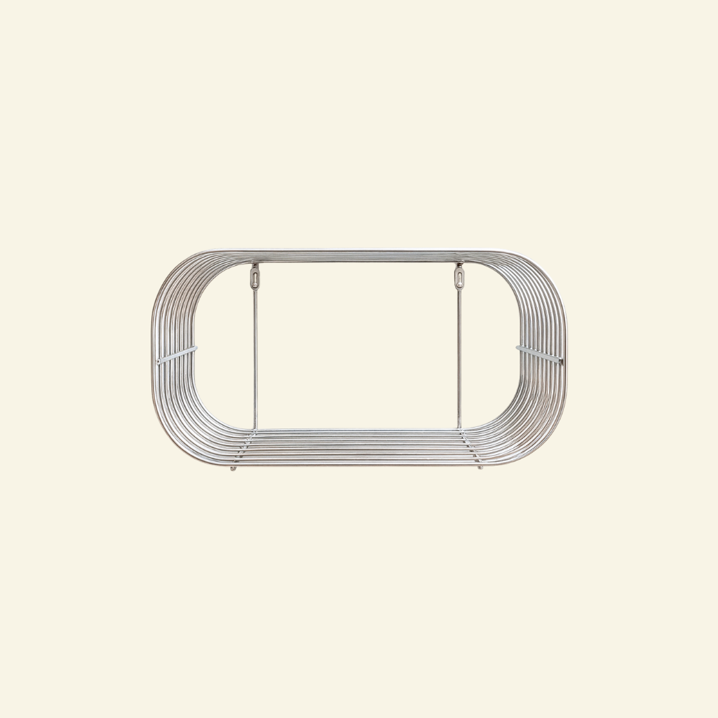 Floating chrome wire wall shelf in polished stainless steel, minimalist modern design