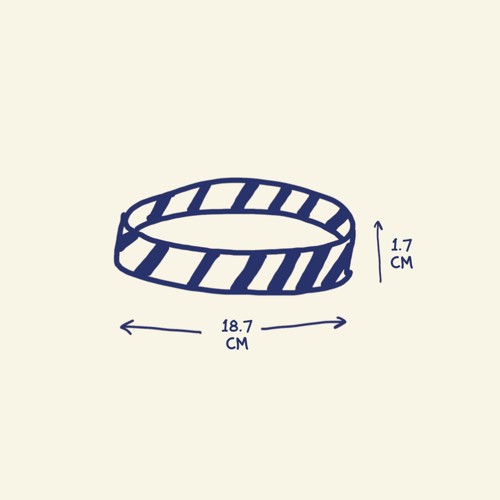 Measurements of the striped artisan handmade ceramic dinner plate on a beige background