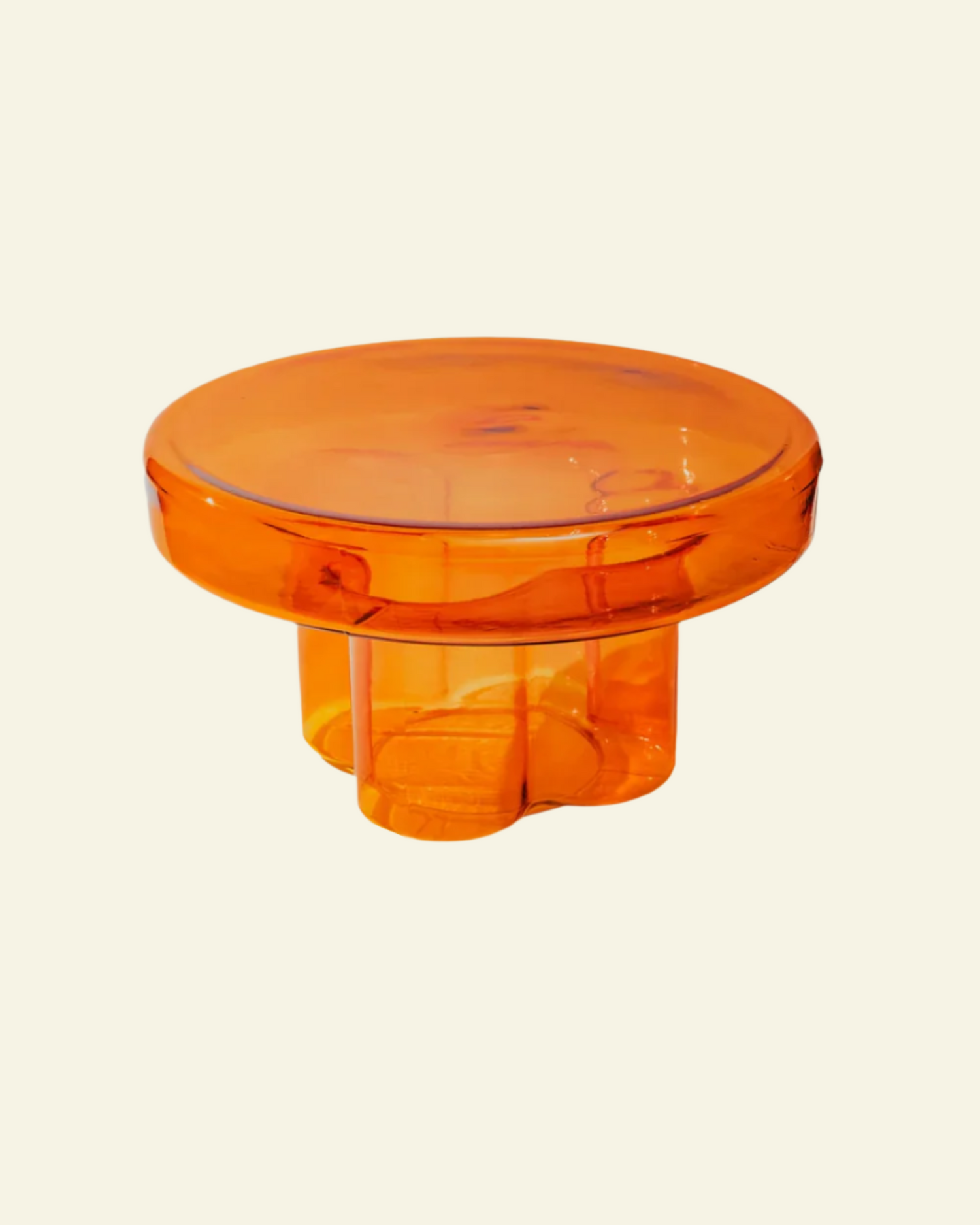 Handblown amber glass side table featuring a unique flower-inspired base and artistic texture, ideal for retro interiors.