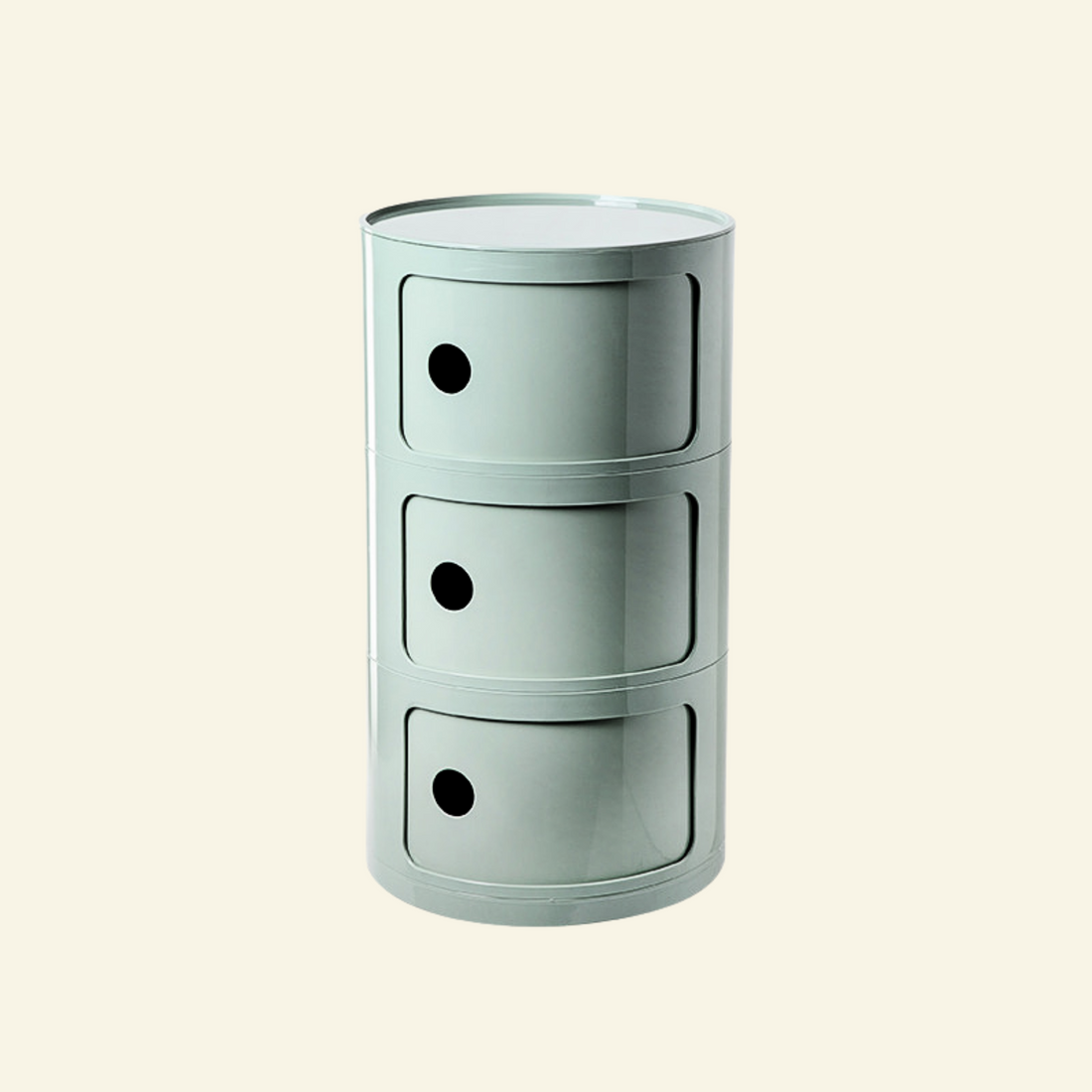 Kartell Componibili dupe with sliding doors in light blue with three tiers on a beige background