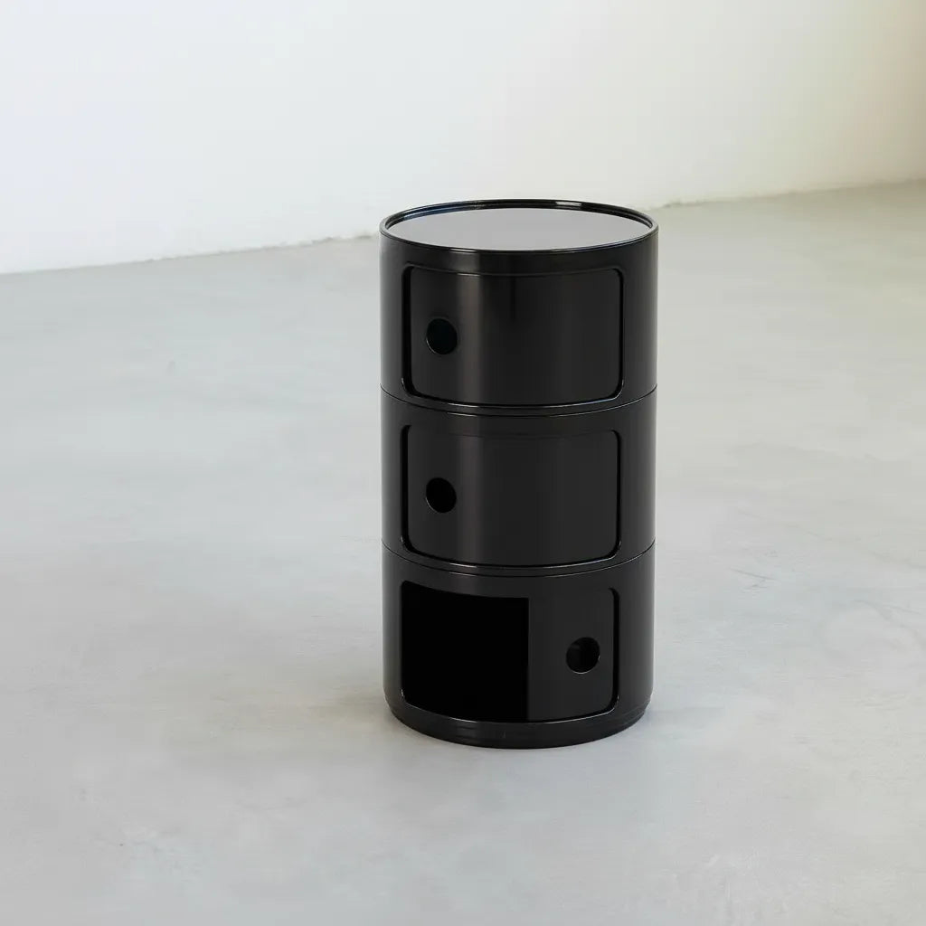 Kartell Componibili inspired storage tower dupe in black ABS with three-tier circular sliding doors by vibehaus