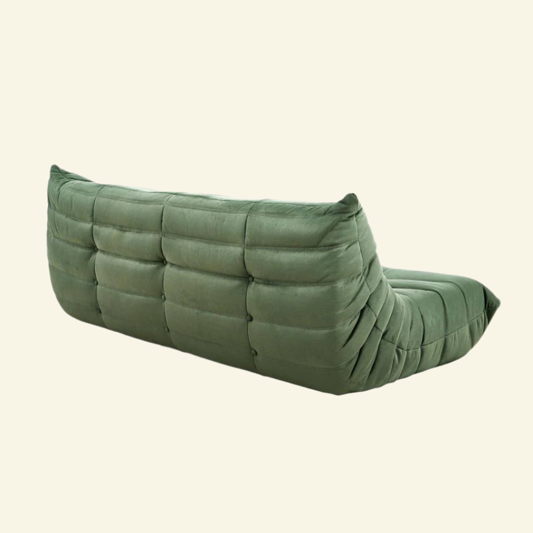 Matcha-green velvet Togo-style 3-seater sofa – low, frameless design with plush channel tufting