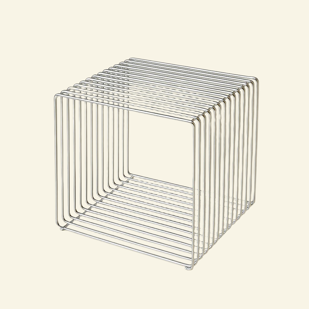 Modern wire side table made of chrome, shown on a minimalist beige background. Stackable cube design with clean geometric lines.