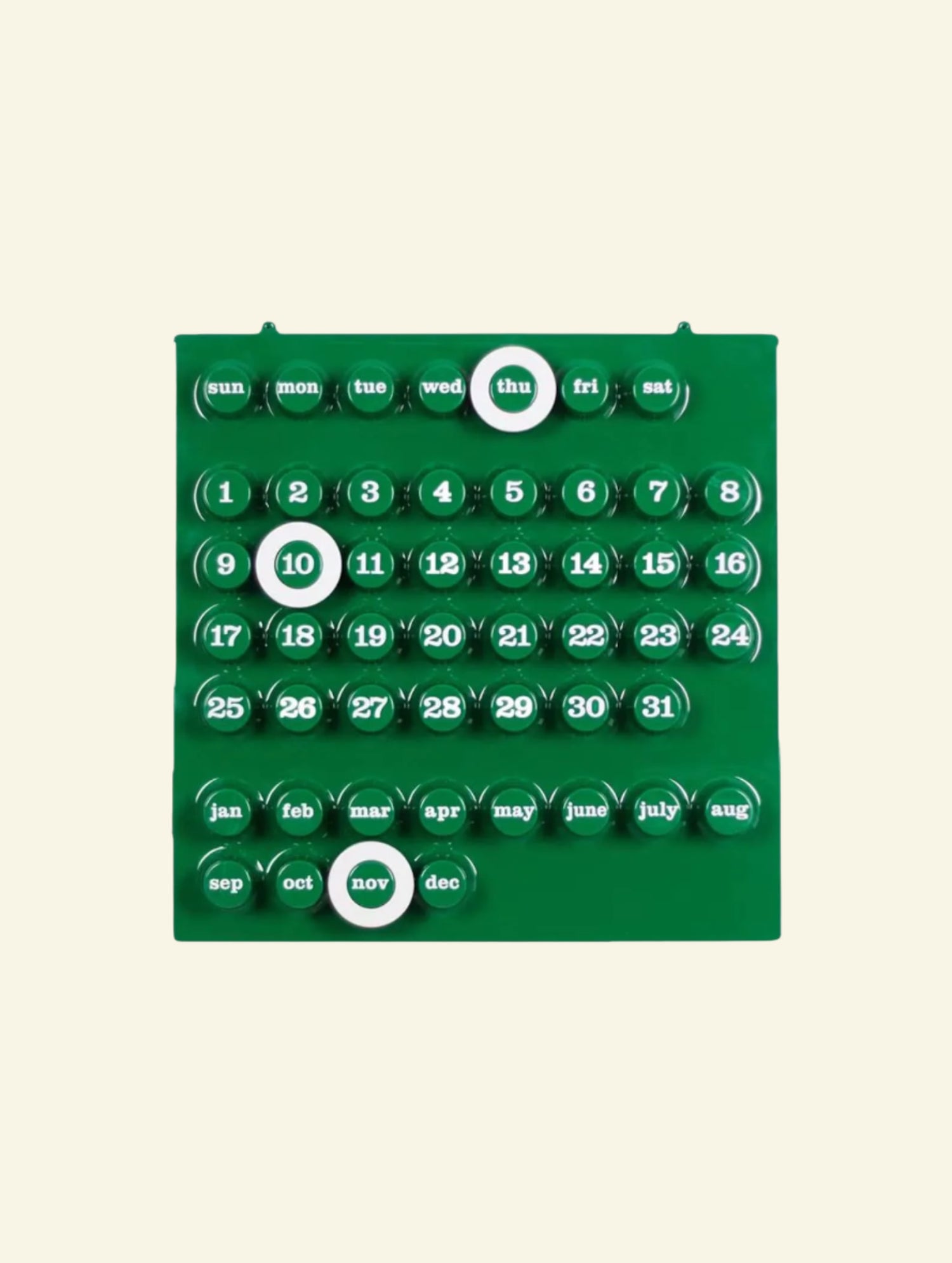 green Perpetual Ring-a-Date Calendar in Italian design, available in white, green, and yellow — a stylish, eco-friendly wall calendar for modern interiors