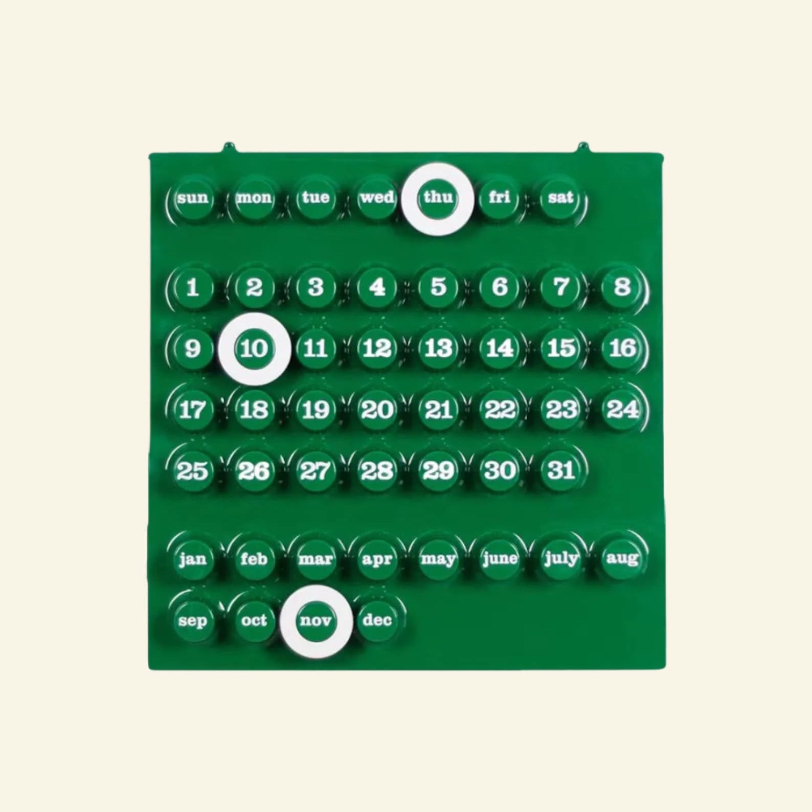green Perpetual Ring-a-Date Calendar in Italian design, available in white, green, and yellow — a stylish, eco-friendly wall calendar for modern interiors