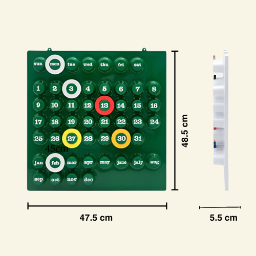 Designer-style perpetual wall calendar with rotating date rings, inspired by iconic Italian design — lightweight and planet-friendly.