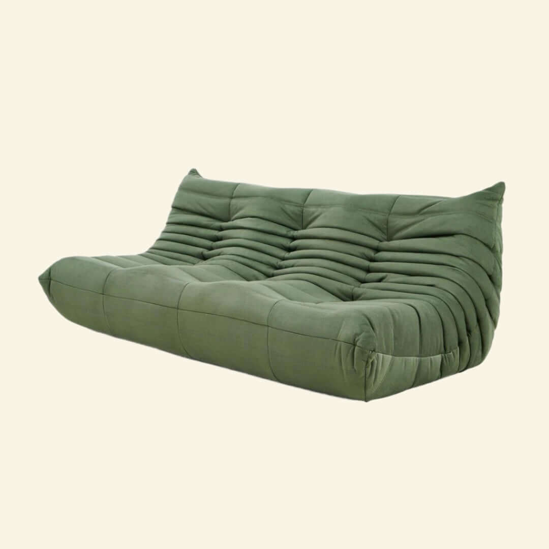 Matcha-green replica of the velvet Togo-style 3-seater sofa – low, frameless design with plush channel tufting