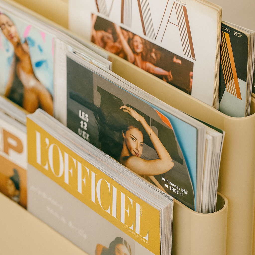 Magazines in a beige magazine, record holder with &