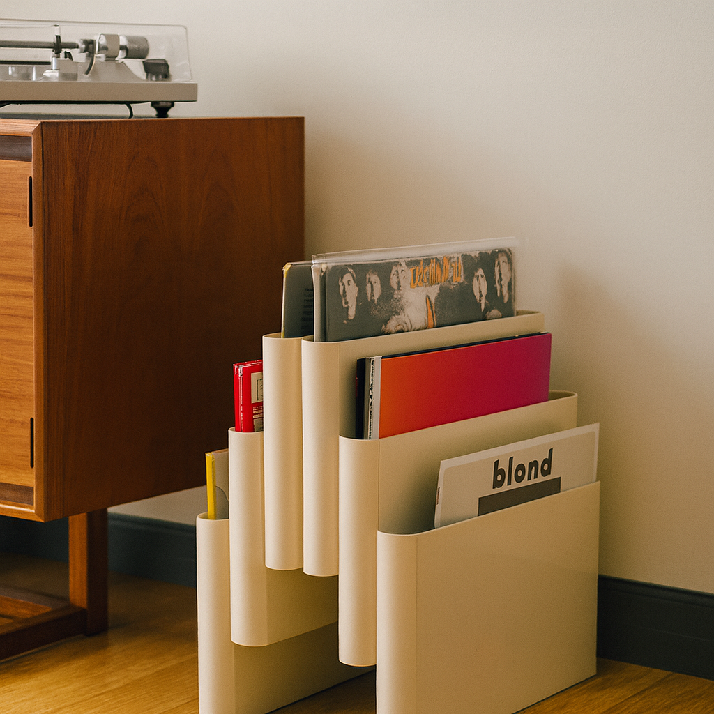 Beige cascade retro 6-tiers record holder with vinyl records on a wooden cabinet.