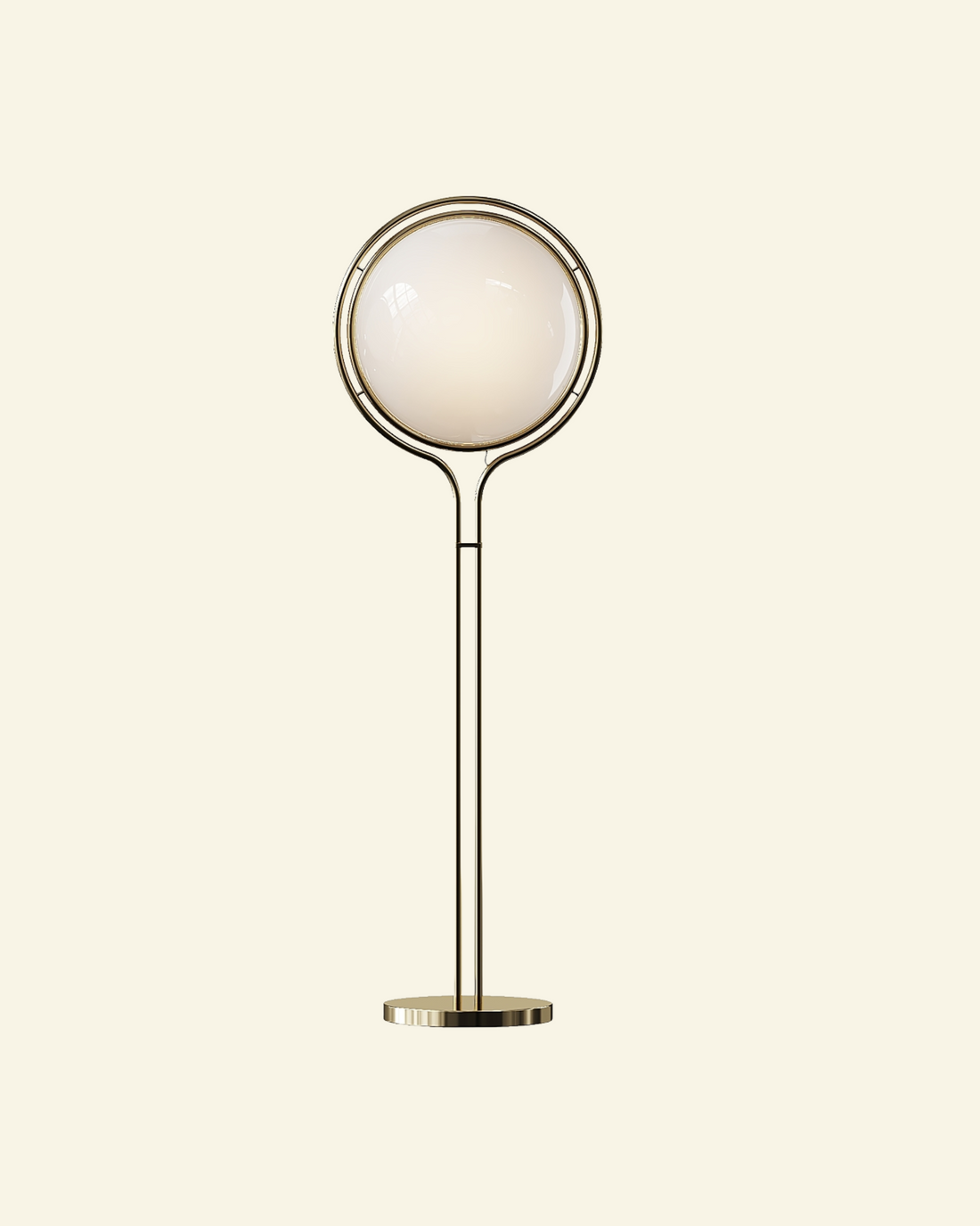 Modern retro golbe floor lamp with spherical glass shade on a beige background