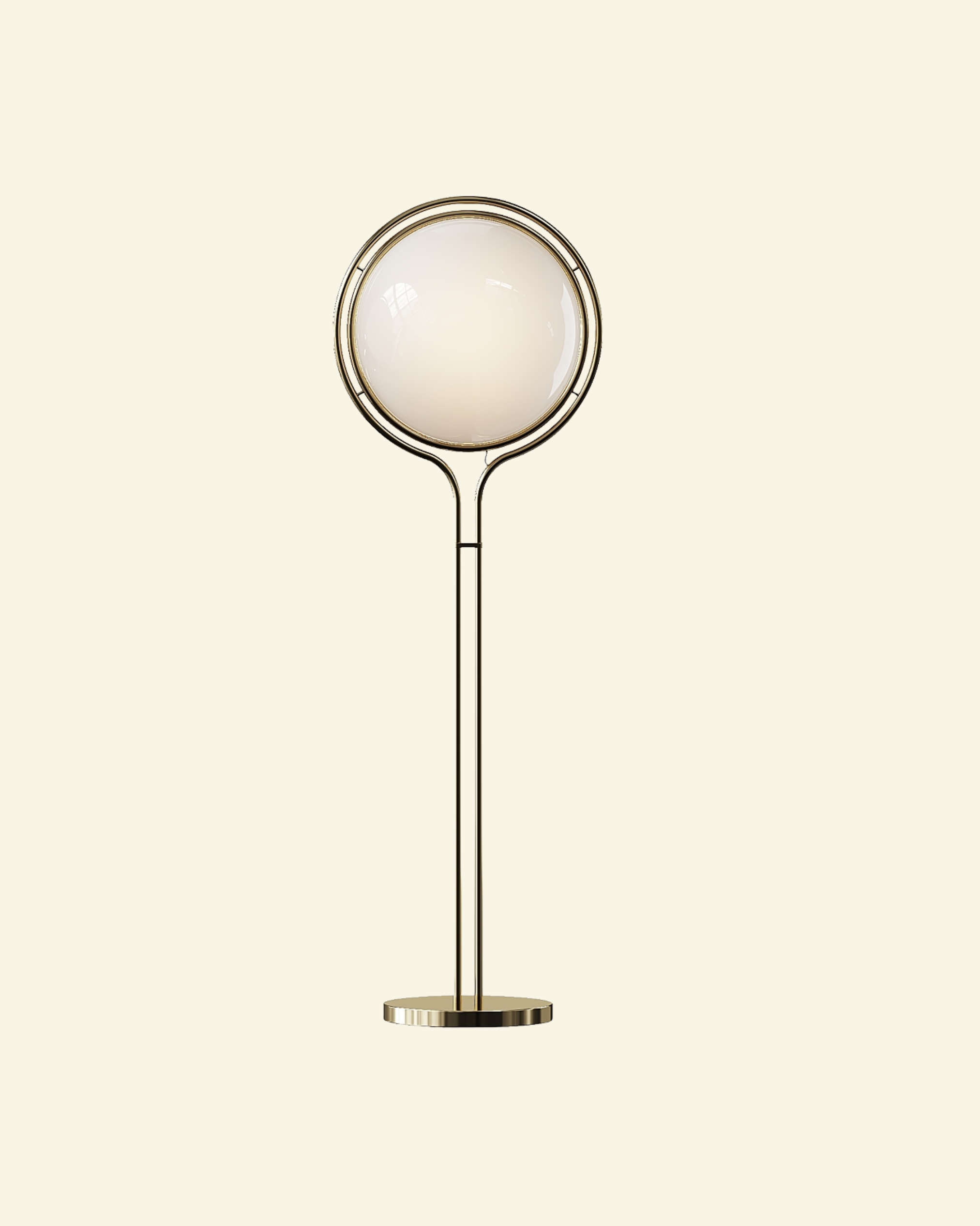Modern retro golbe floor lamp with spherical glass shade on a beige background