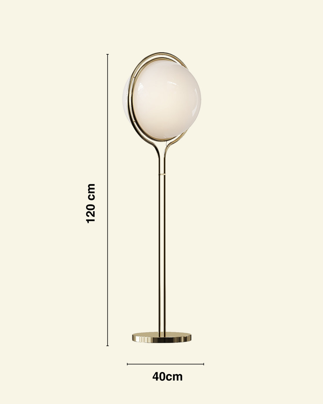 Vintage Globe Floor lamp with dimensions indicated on a beige background