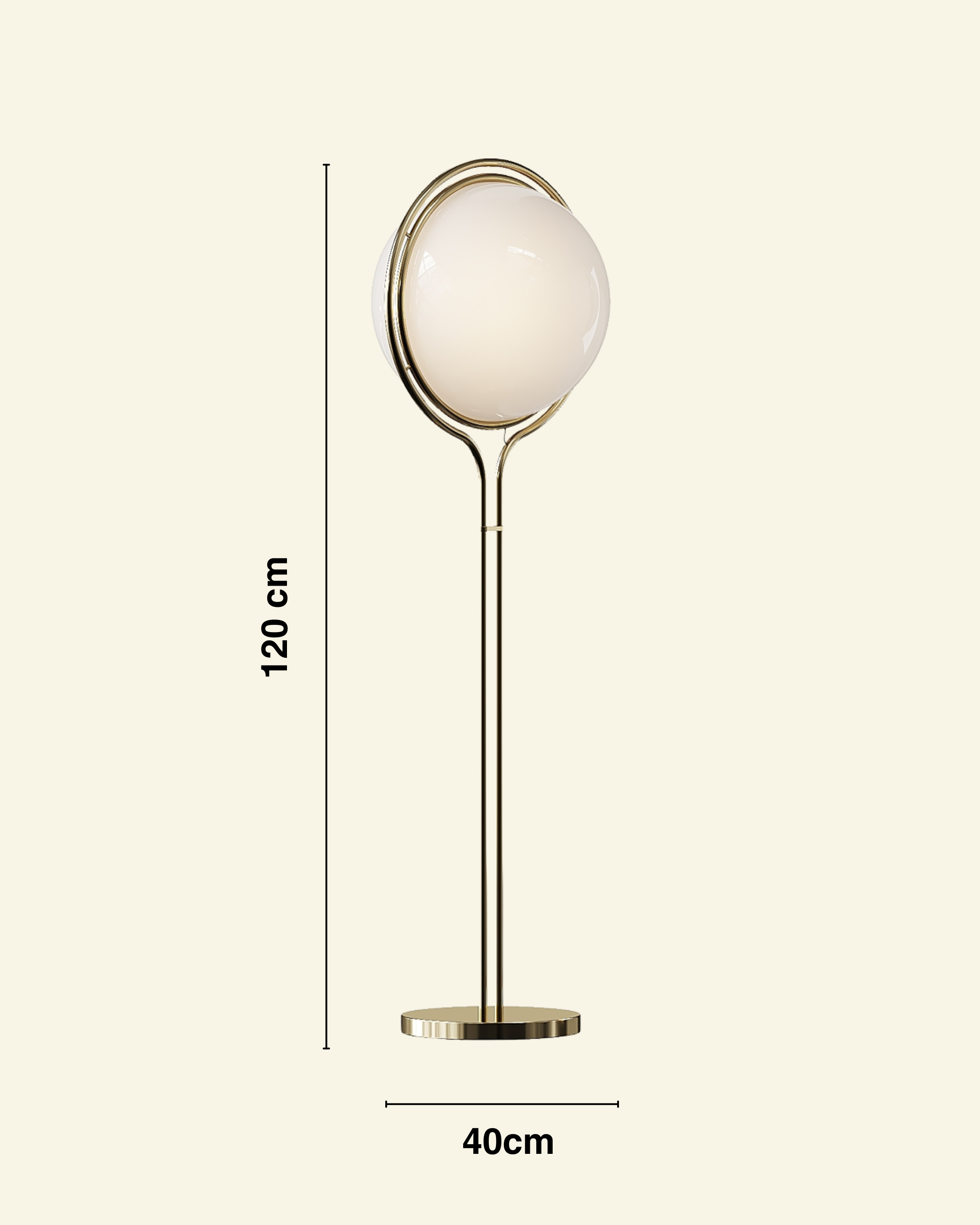 Vintage Globe gulvlampe med dimensioner angivet på en beige baggrund