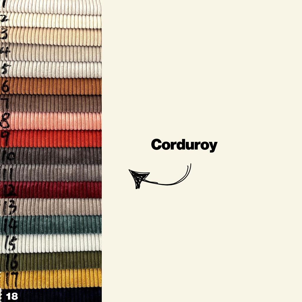 Stack of corduroy fabric swatches with color names on a beige background