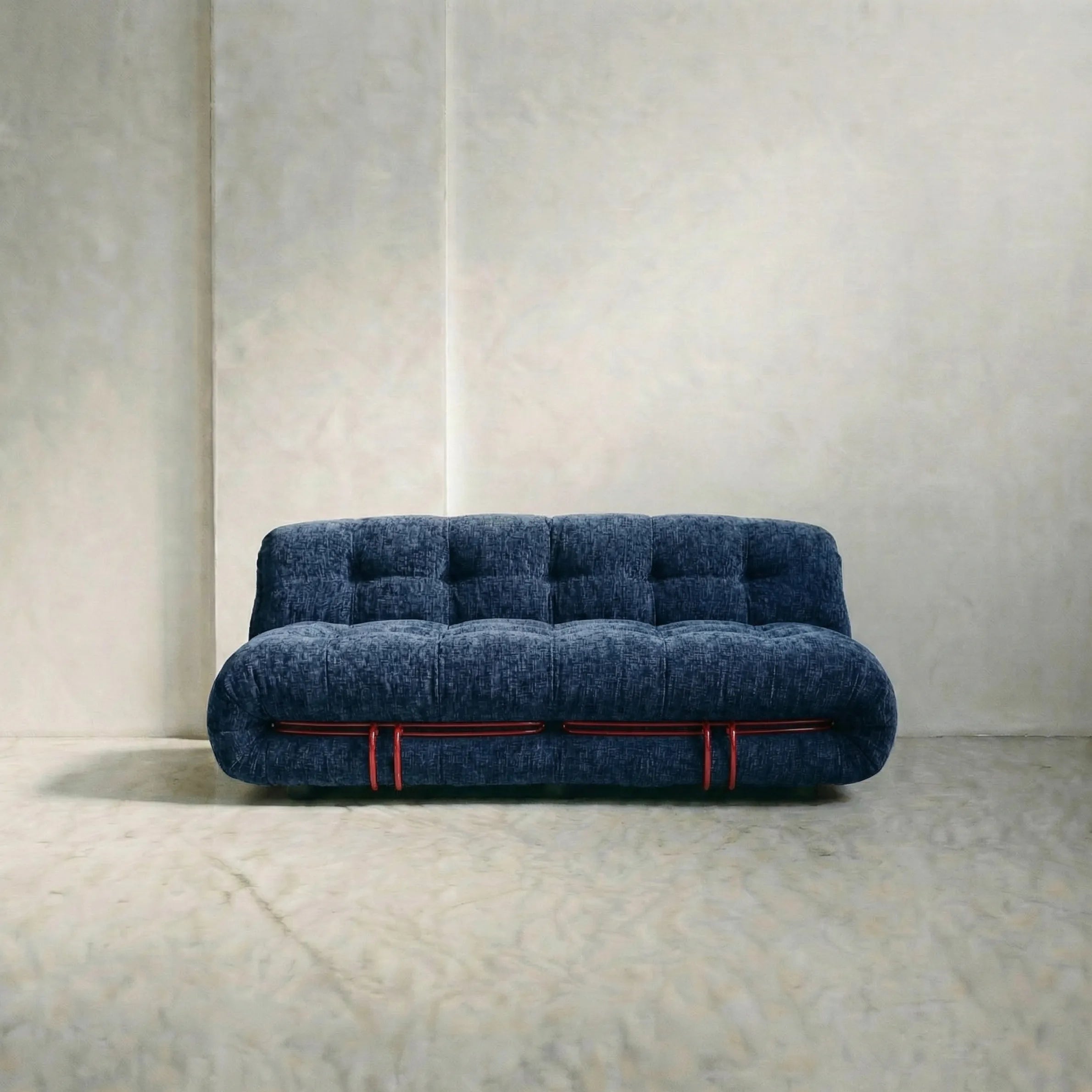 soriana sofa 2-seater dupe in blue chenille with red chrome bar angled view in studio