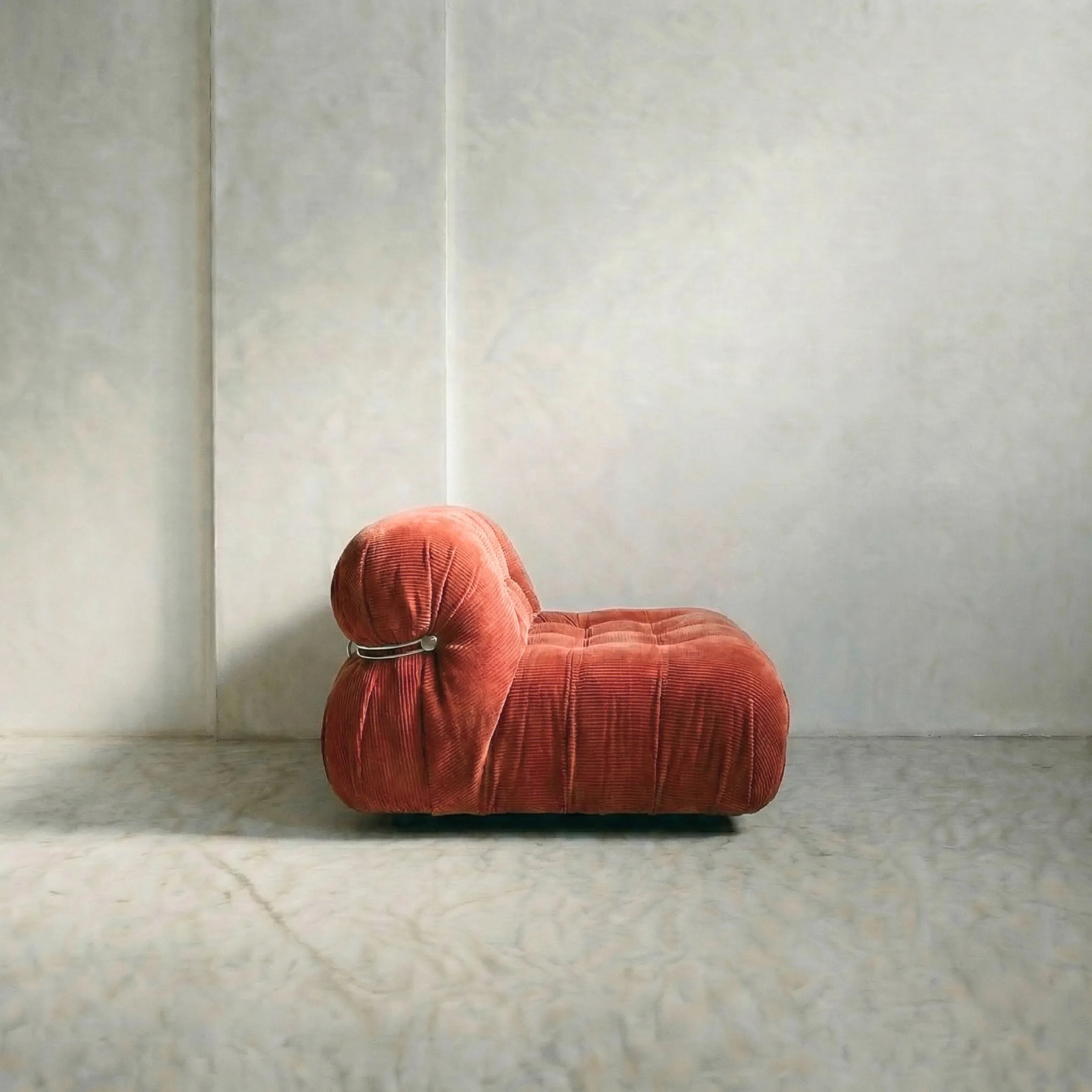 soriana sofa 2-seater dupe in terracotta corduroy on gray floor with white wall background