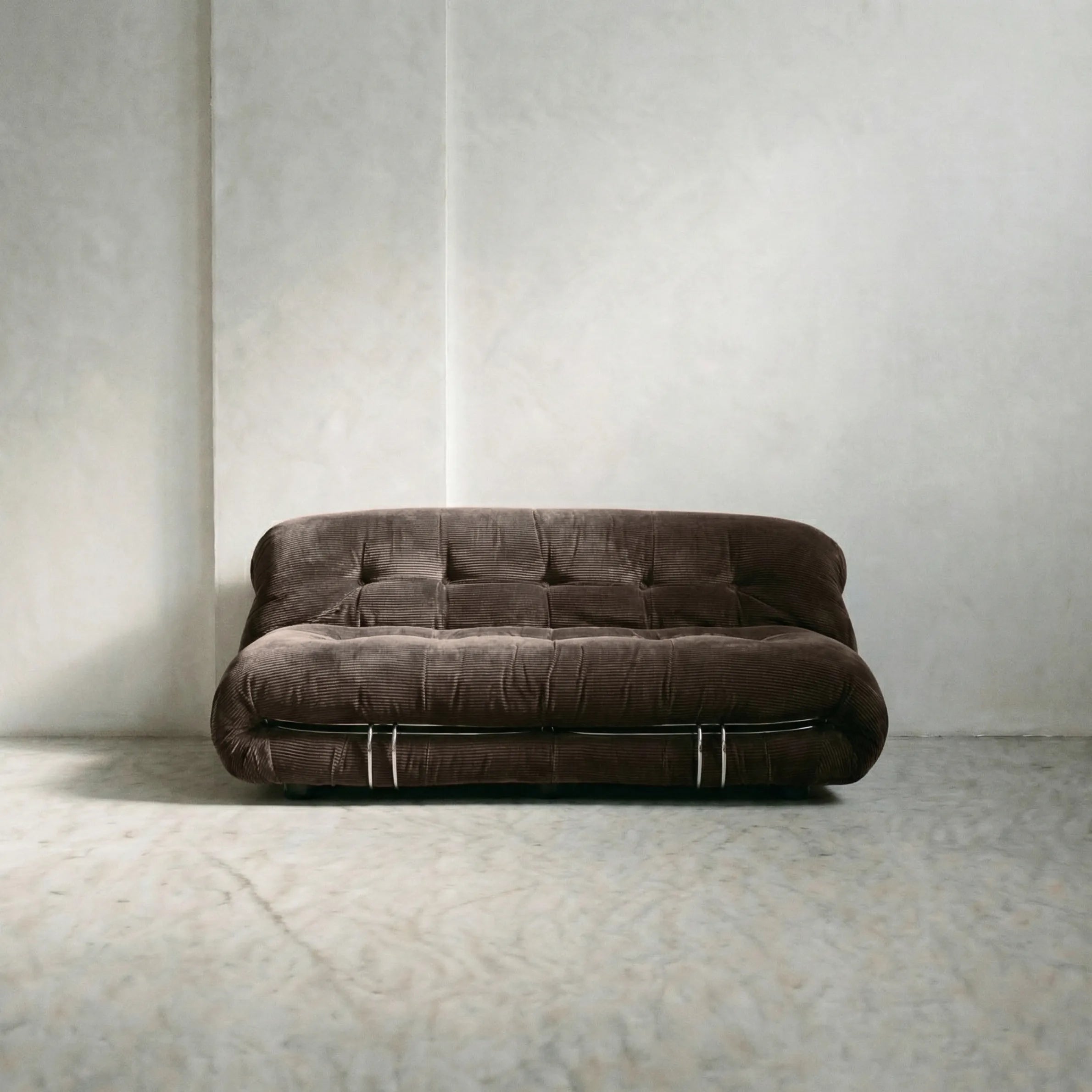soriana sofa 2-seater dupe in chestnut corduroy close-up with chrome clamp detail on light background