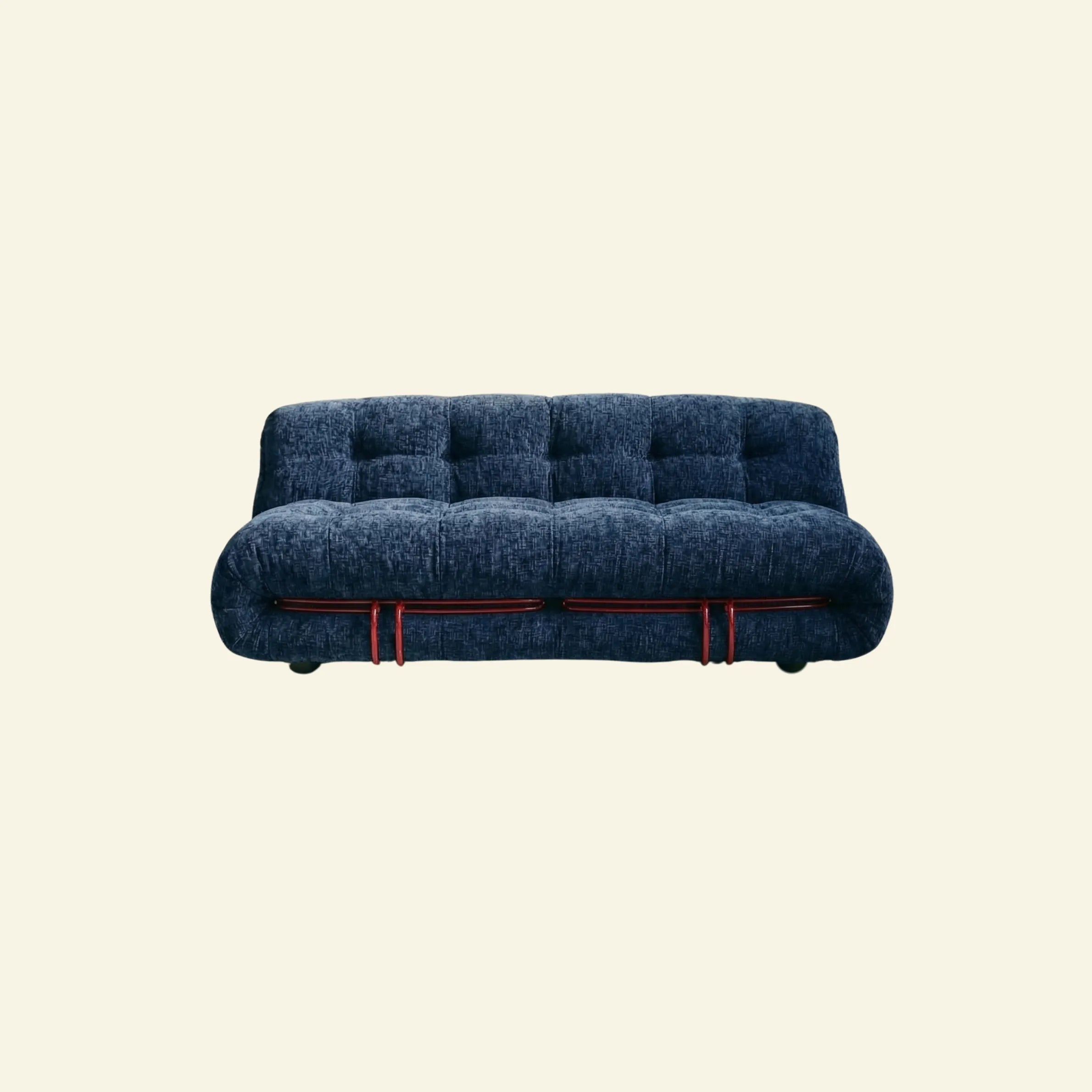 soriana sofa 2-seater dupe in blue chenille with red chrome bar on beige studio background