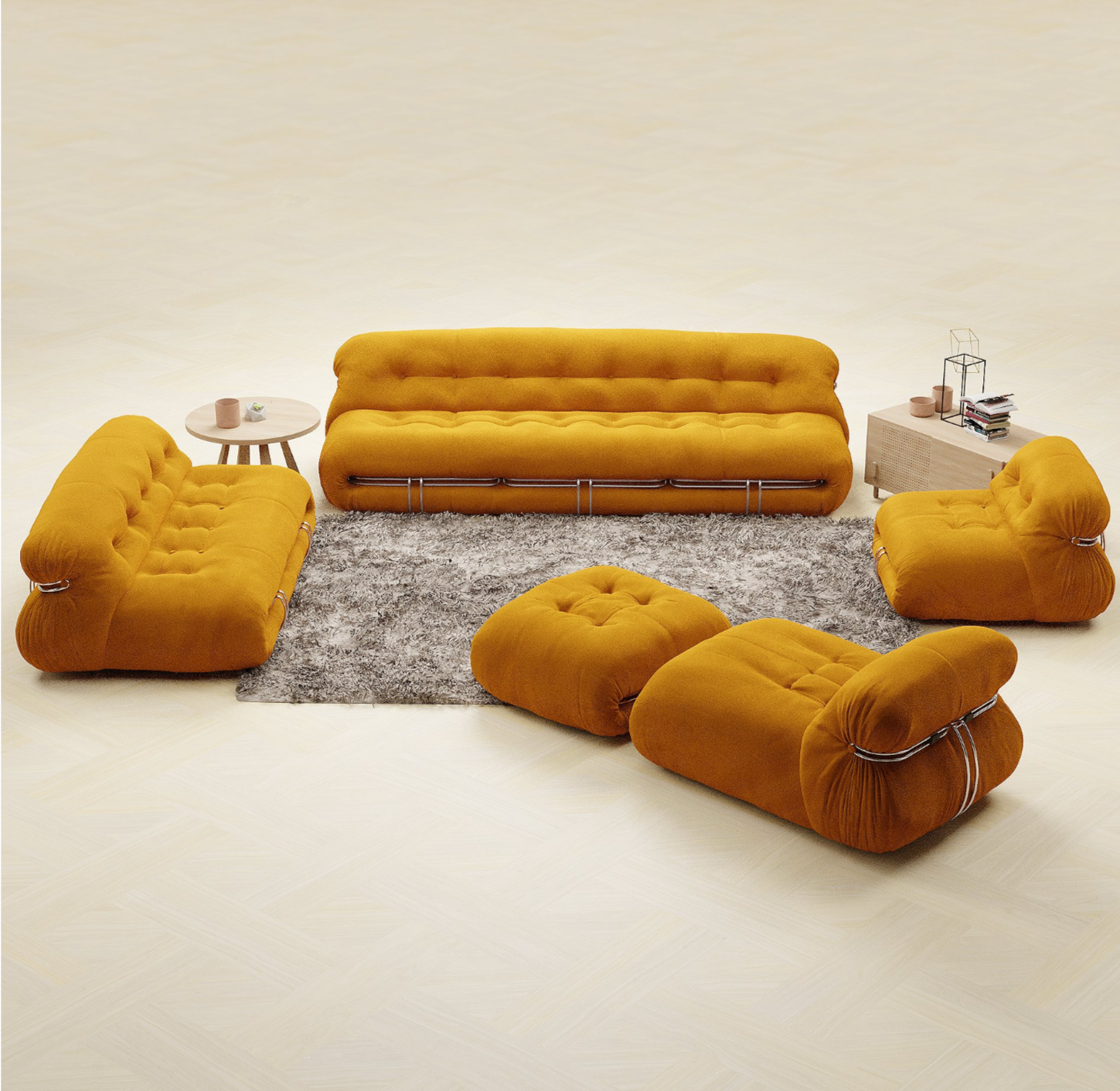 Designer-inspired soriana sofa set in yellow with soft sculptural form and wraparound chrome detail, perfect for modern interiors