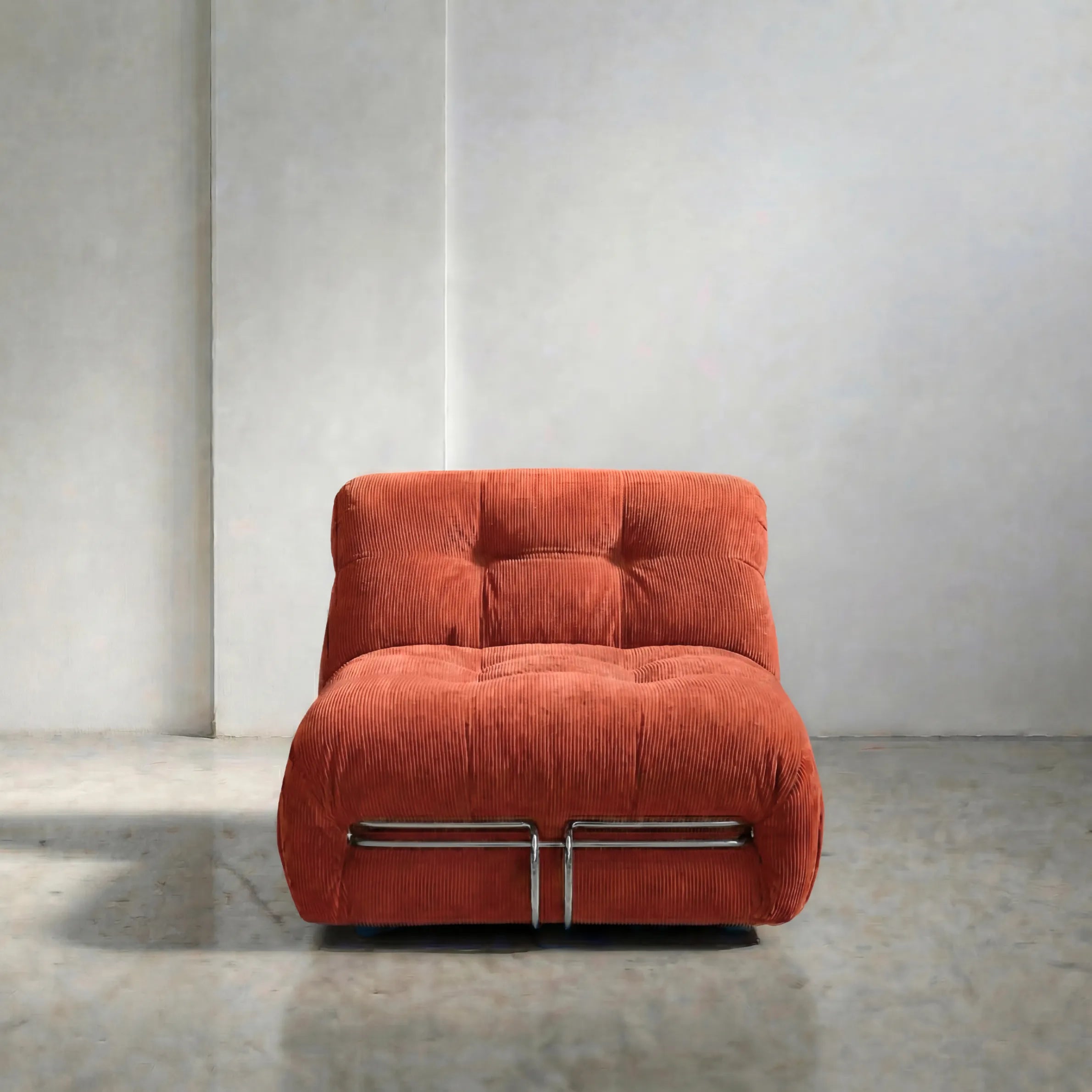 soriana chair dupe in terracotta corduroy close-up with chrome clamp detail on light background