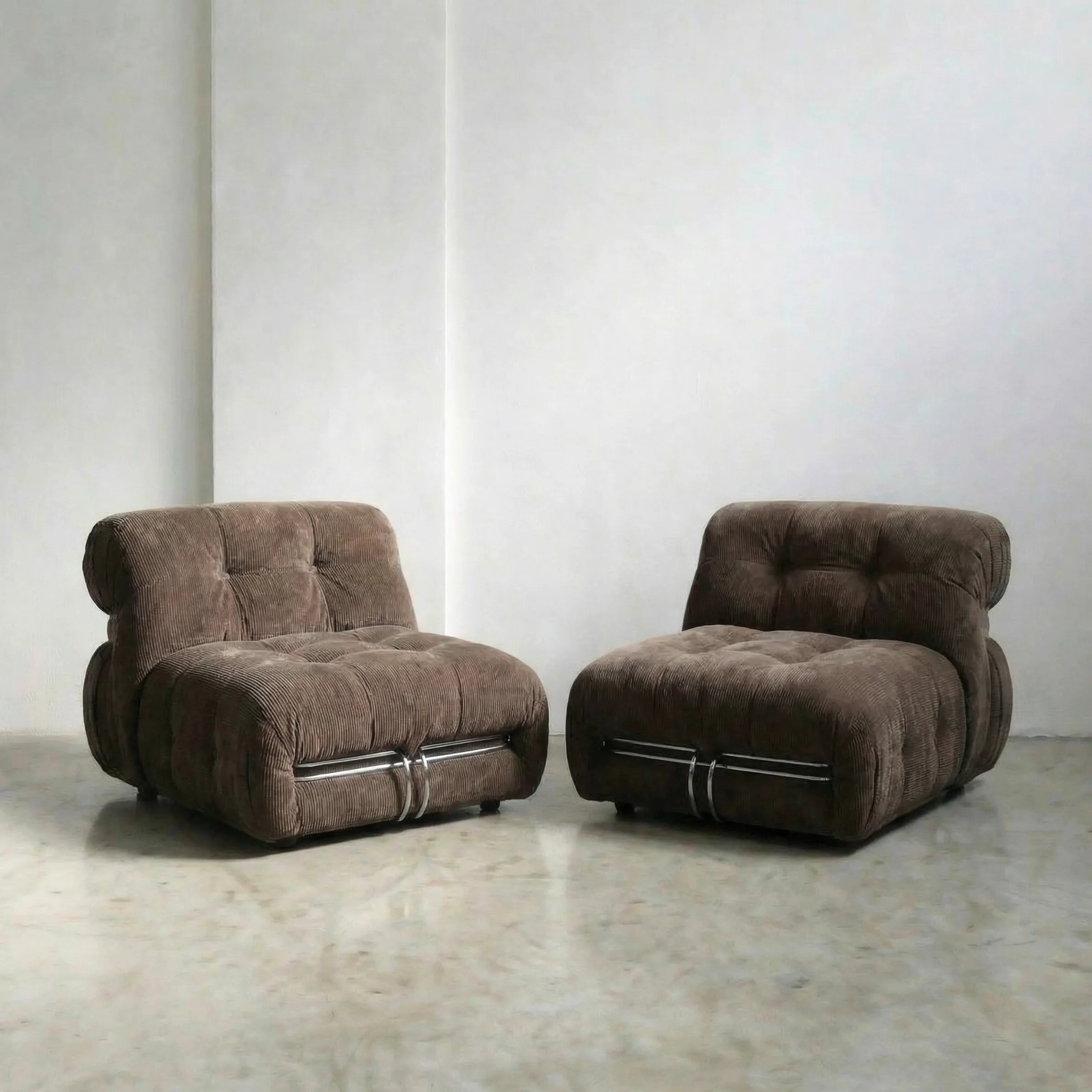 soriana chair dupe in chestnut corduroy on gray floor with white wall background