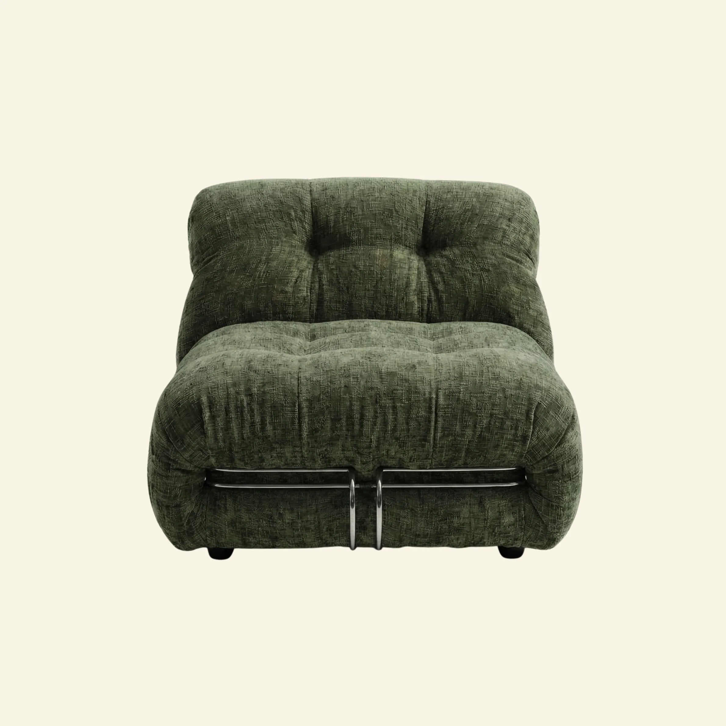 soriana chair dupe in green chenille on beige studio background