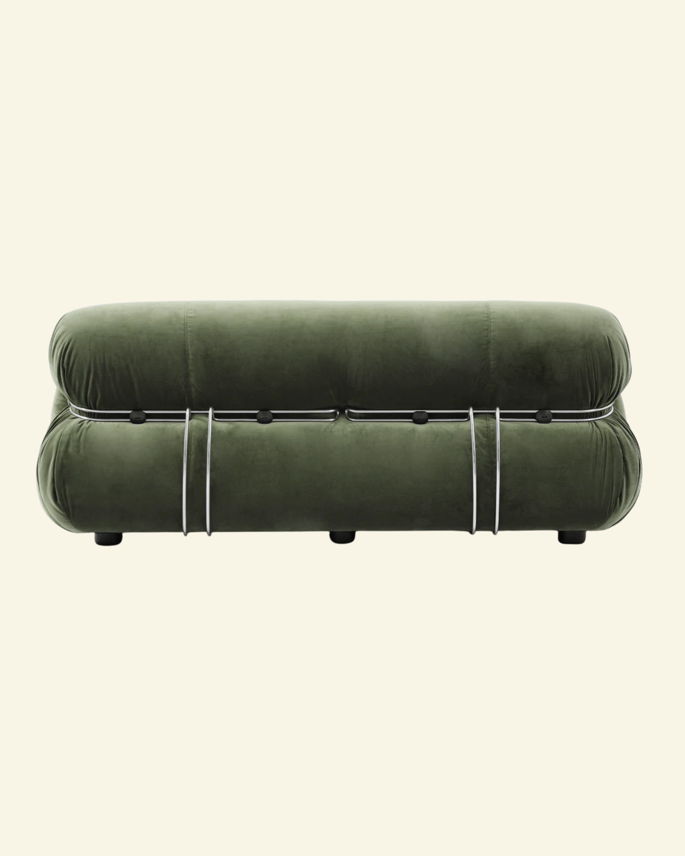 Green soriana sofa 2-seater dupe with string-like design on a beige background