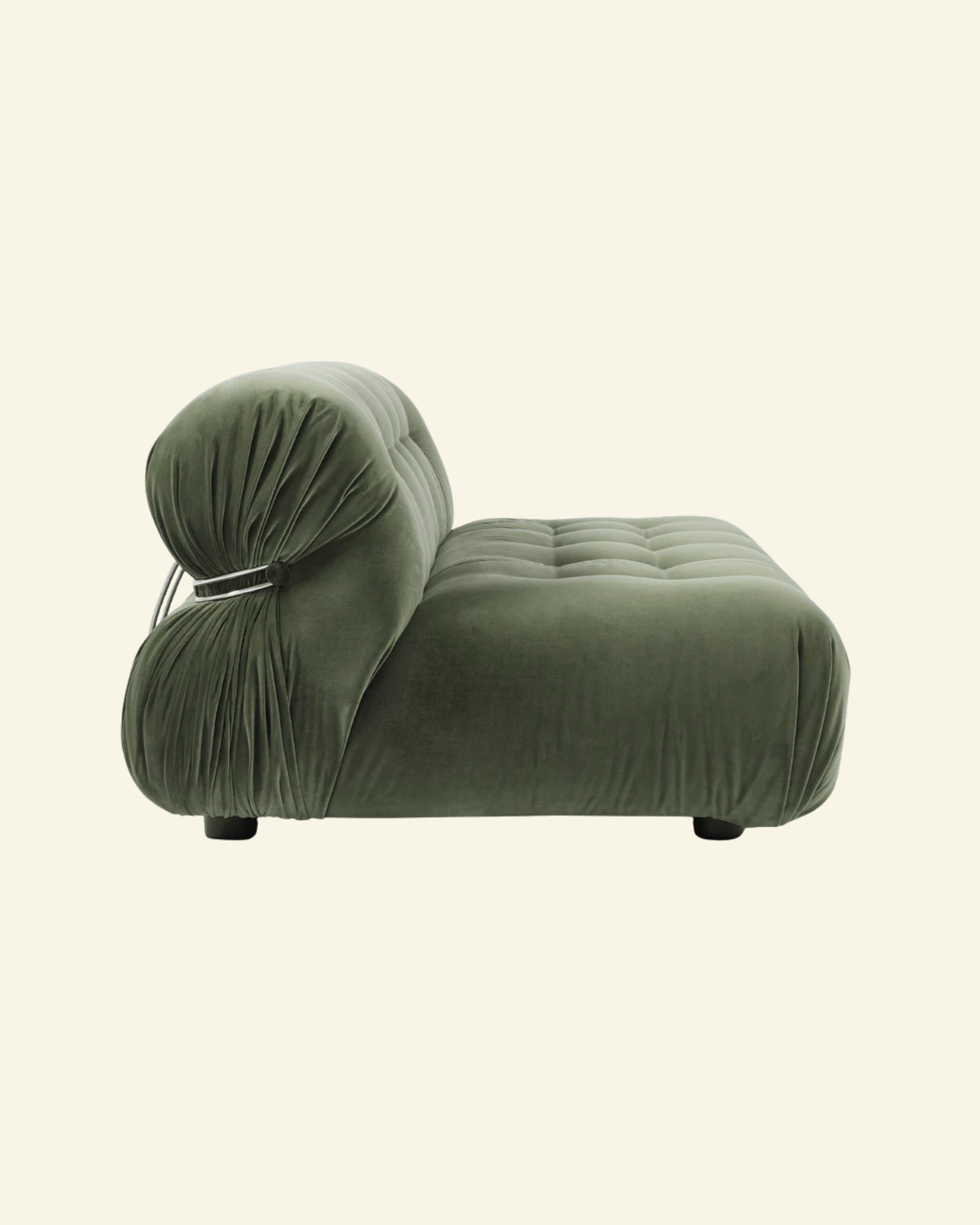Green soriana velvet 2-seater sofa replica with unique design on a beige background