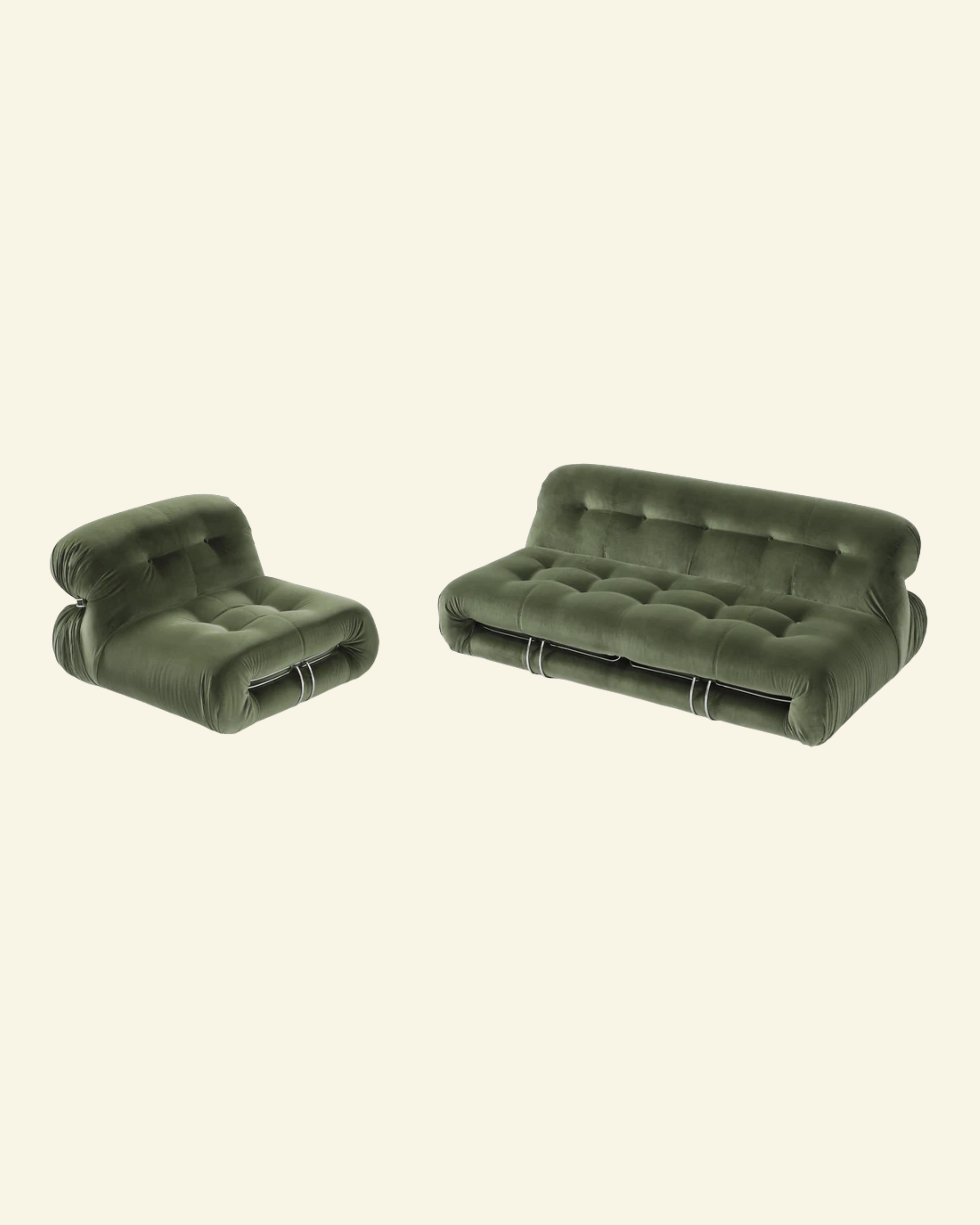 Two green modular soriana replica couches on a white background