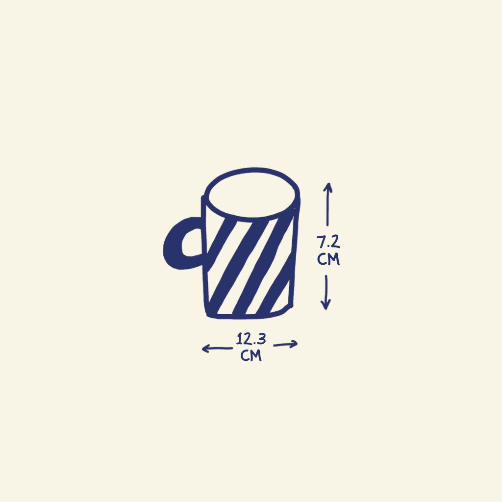 Measurement chart of a striped mug with dimensions on a beige background