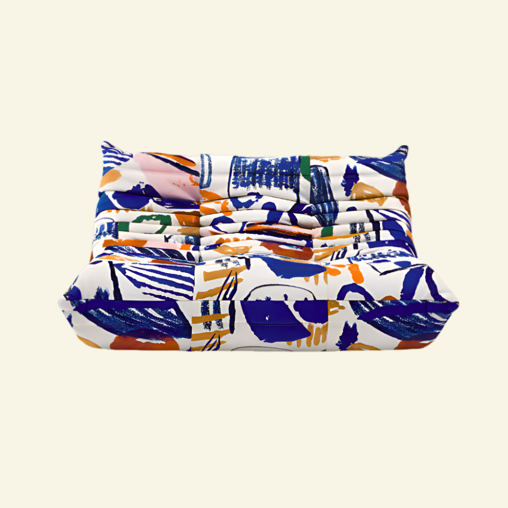 Togo-Style Velvet 2-seater Sofa in Graffiti, Loveseat inspired by Ligne Roset.