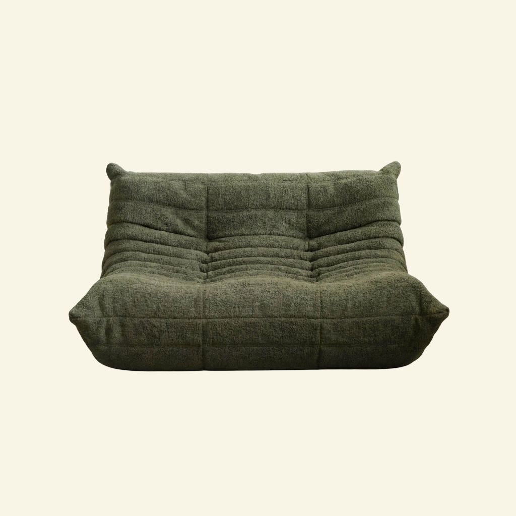 Togo 2-seater Sofa dupe in dark green bouclé with Togo silhouette designed by michael ducaroy for ligne roset – custom-made by vibehaus