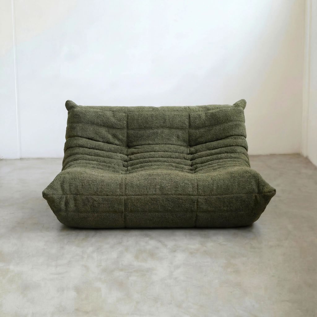 Togo 2-seater Sofa dupe in dark green bouclé with Togo silhouette designed by michael ducaroy for ligne roset – custom-made by vibehaus