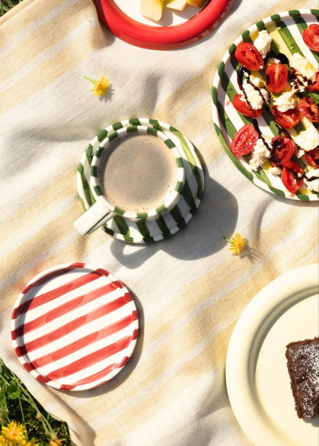 Outdoor picnic setup with striped plates, striped ceramic mug, and food on a blanket