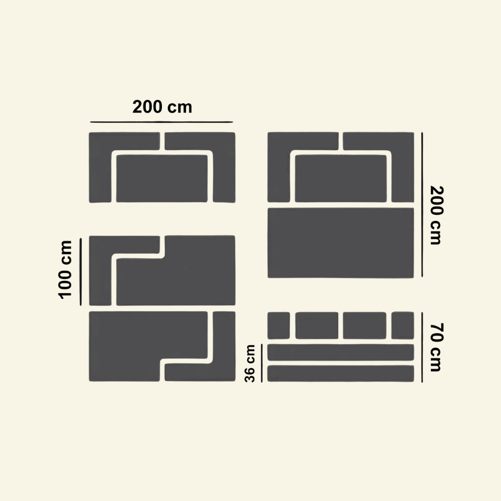 Diagram of furniture layout with dimensions on a beige background