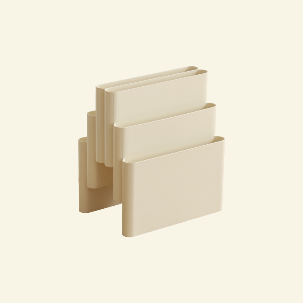 White retro 6-tiers cascade magazine rack on a beige background