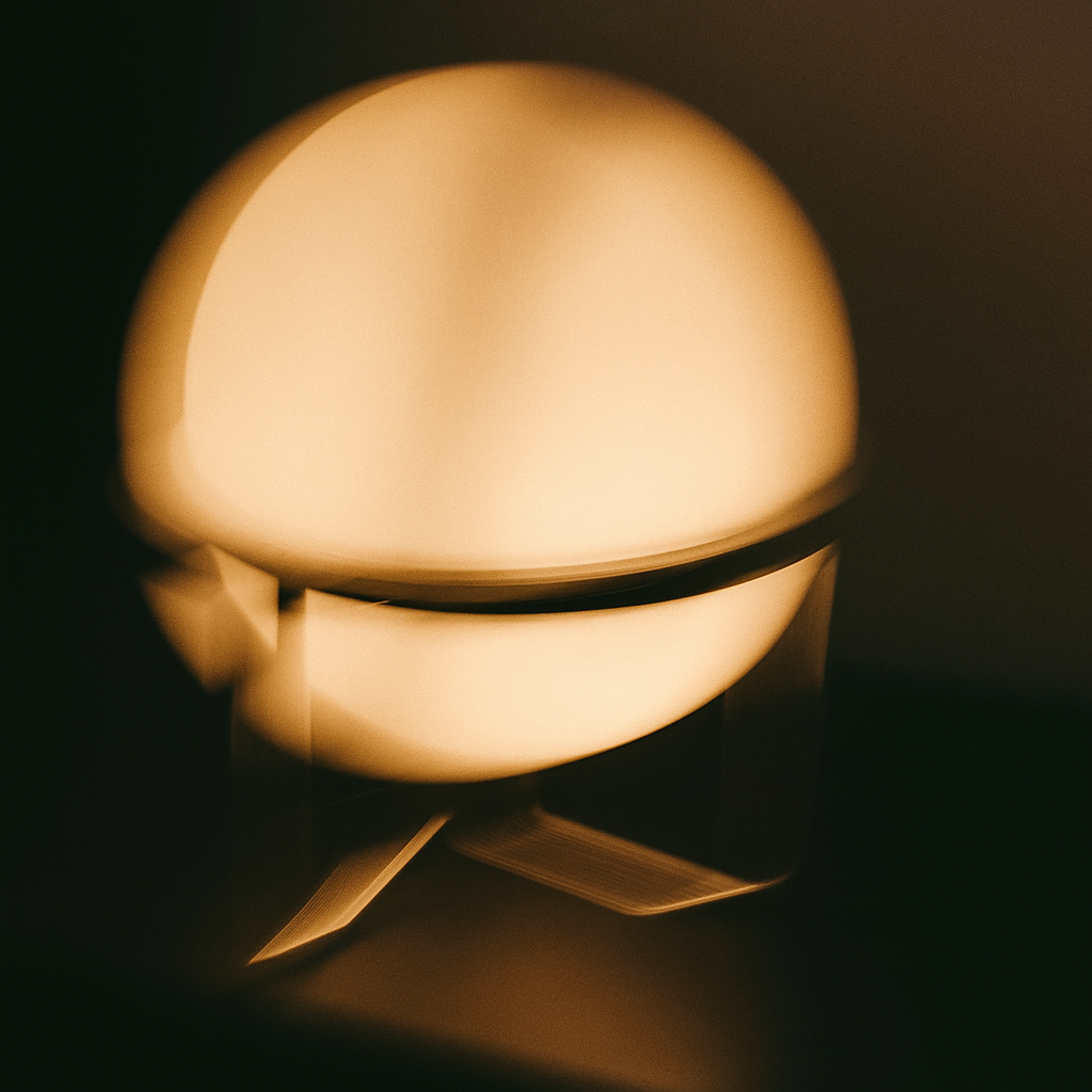 Globe table lamp glowing with warm ambient light, Garrault-inspired ball lamp with E27 bulb.