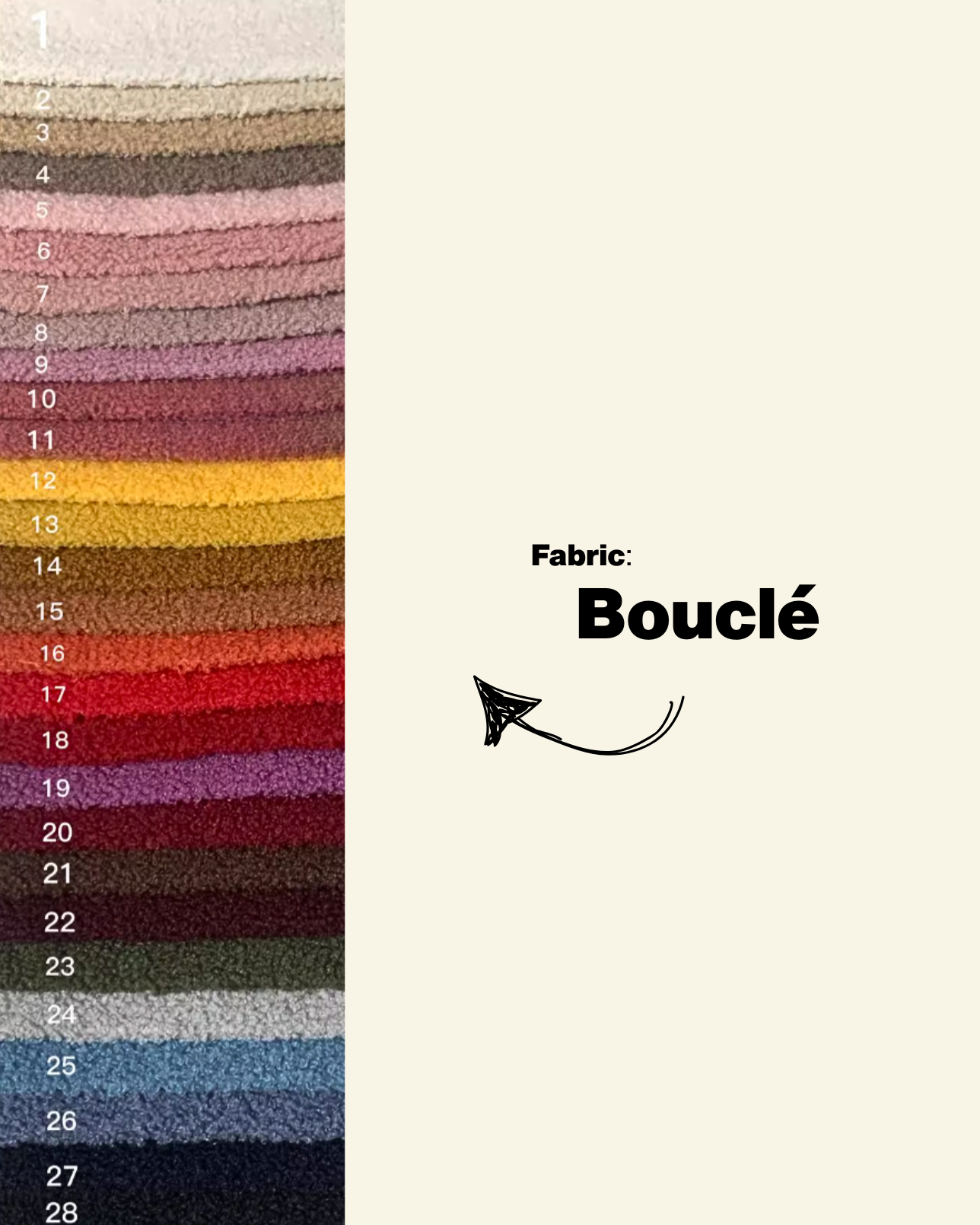 Color swatch chart for bouclé fabric with numbers and a label indicating the fabric type.