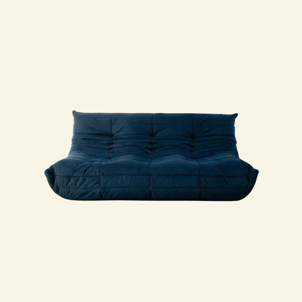 Bruma sofa 3-seater in dark blue velvet suede by vibehaus on beige background