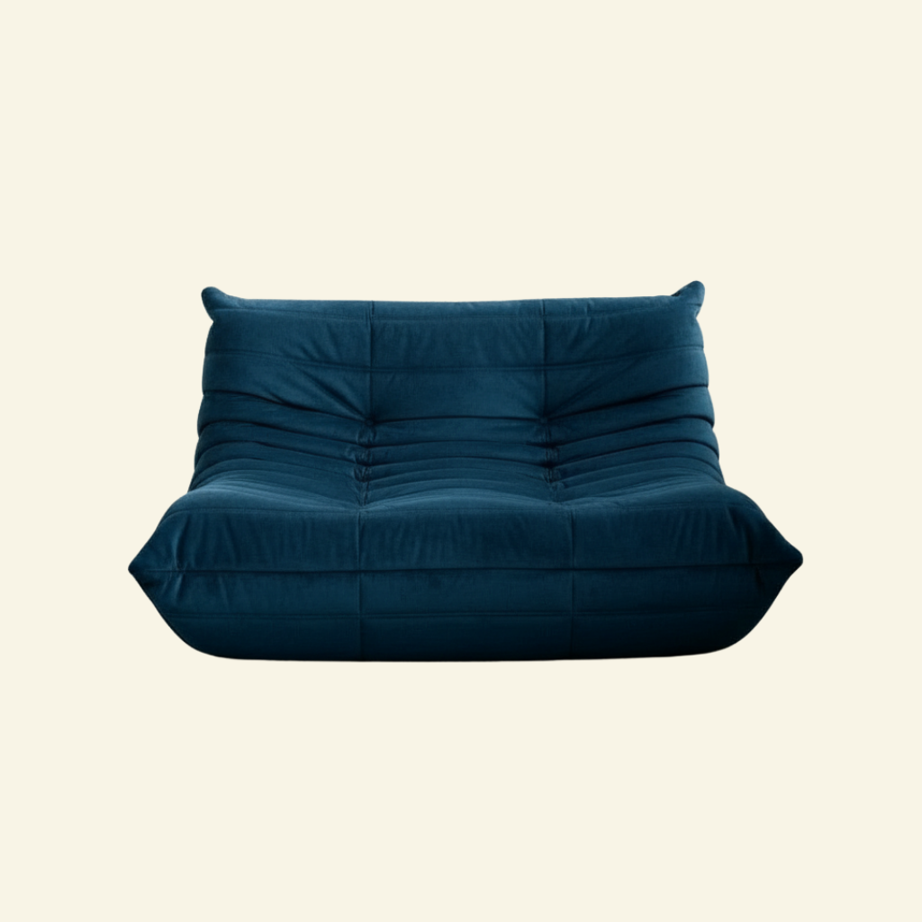 Bruma 2-seater Sofa in dark blue velvet suede with Bruma silhouette – custom-made by vibehaus