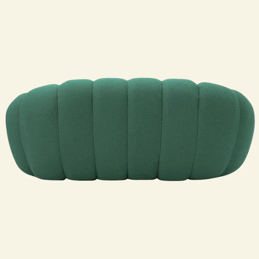 the back of a green bubble sofa 2-seater replica dupe inspired by roche bobois on beige background