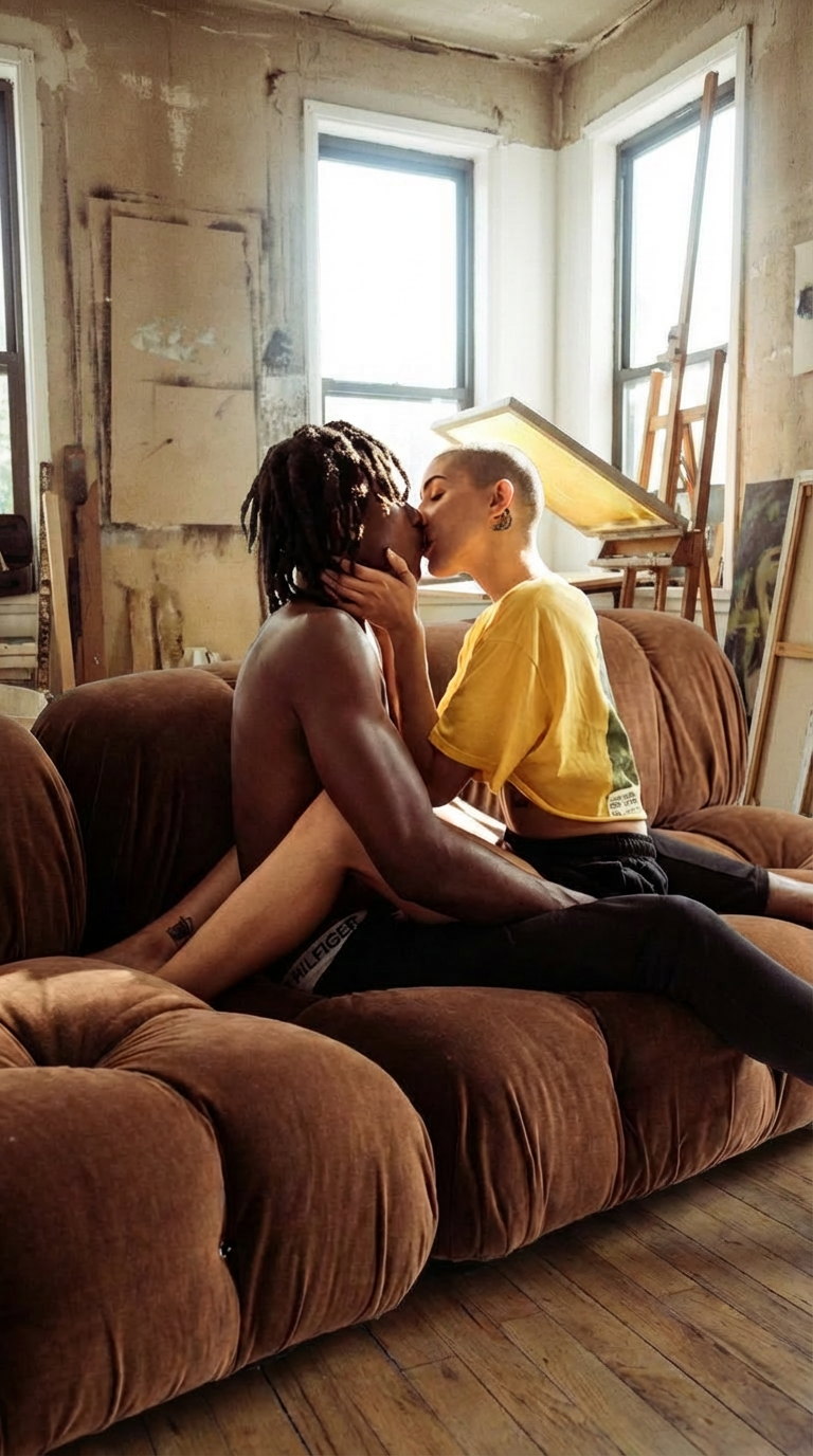 Two people kissing on a brown camaleonda sofa replica in a room with large windows and wooden floors.